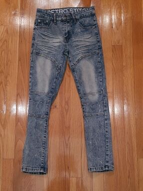 Retro Stitch Boy's Acid Washed Blue Moto Skinny Jeans - Size - 12